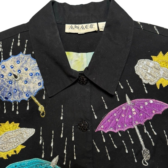 Anage Women's Embroidered Jacket Wearable Art Beaded Colorful Umbrellas Sz Large - Picture 2 of 8